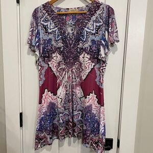 One World Paisley Ruffled Short Sleeve Tunic Size XL
